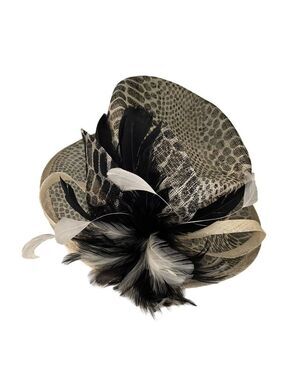 Animal Print Wide Brim Hat Black & cream/White Feather By Something Special